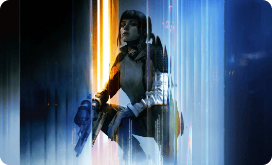 A futuristic female soldier crouches with a pistol in hand, illuminated by glowing orange and blue light beams. She wears sleek, high-tech armor and a focused expression, surrounded by digital streaks and reflections that give a cybernetic, sci-fi atmosphere.
