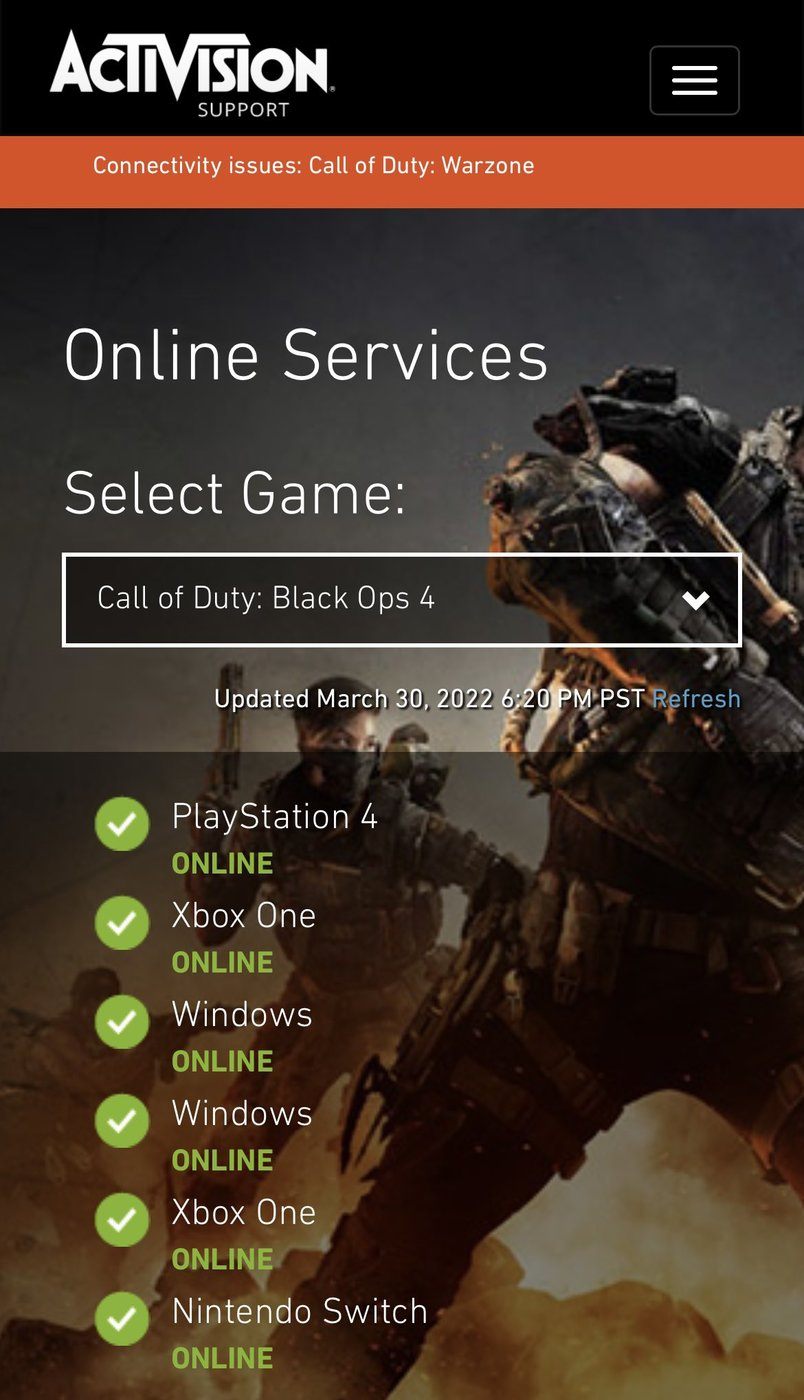 Screenshot of Nintendo Switch listed on the Online Services page for Black Ops 4