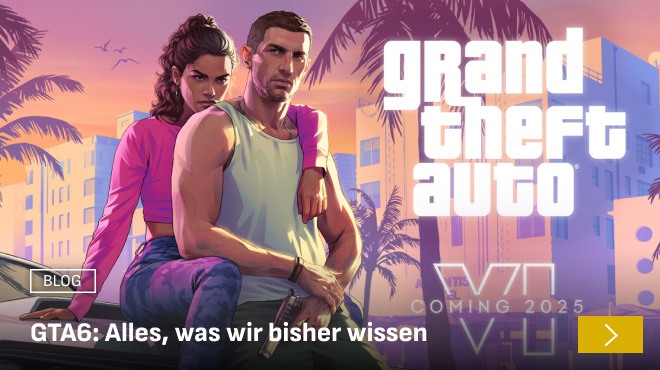 Illustrated characters from Grand Theft Auto VI posing against a vibrant Vice City-style backdrop with neon palm trees and pastel buildings, promoting a blog titled 'GTA6: Everything we know so far' and highlighting a 2026 release date.