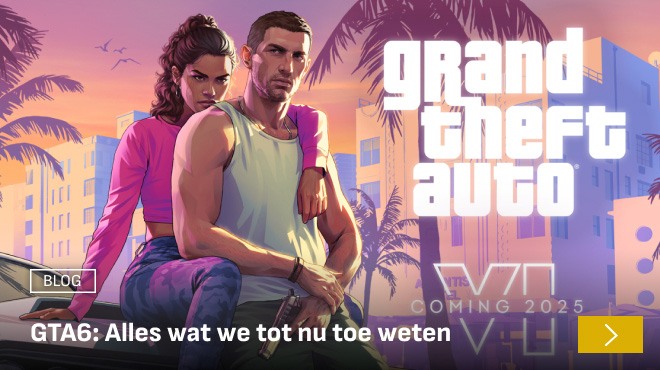 Illustrated characters from Grand Theft Auto VI posing against a vibrant Vice City-style backdrop with neon palm trees and pastel buildings, promoting a blog titled 'GTA6: Everything we know so far' and highlighting a 2026 release date.
