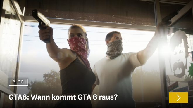 Two masked characters aiming pistols inside a store, with a blog title overlay reading 'GTA6: When is GTA 6 Coming Out?' referencing the anticipated release of Grand Theft Auto VI.