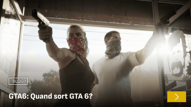 Two masked characters aiming pistols inside a store, with a blog title overlay reading 'GTA6: When is GTA 6 Coming Out?' referencing the anticipated release of Grand Theft Auto VI.