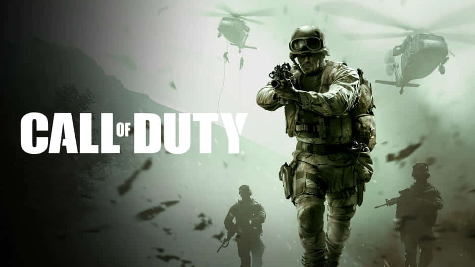 Visual of the game Call of Duty with 3 soldiers and 2 helicopters in the background