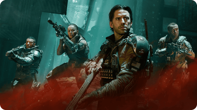 A team of four futuristic soldiers stands ready in a dark, misty environment. Each is equipped with advanced tactical armor and weapons, facing different directions in a combat stance. The lighting is green and moody, creating an intense, cinematic atmosphere.