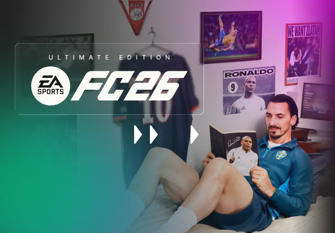 Promotional artwork for EA Sports FC 26 Ultimate Edition. A man in a Sweden football tracksuit, resembling Zlatan Ibrahimović, is sitting on a bed reading a magazine with his own portrait on the cover. Behind him are posters of Ronaldo, a football action shot, and one that reads 'We Want Zlatan.' A framed Ajax pennant and a football jersey with the number 10 hang on the wall.