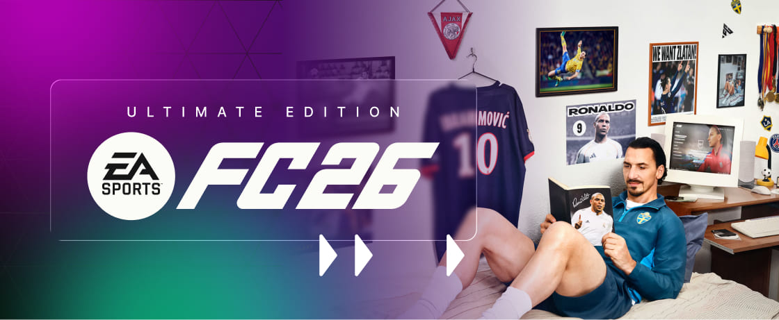 Promotional artwork for EA Sports FC 26 Ultimate Edition. A man in a Sweden football tracksuit, resembling Zlatan Ibrahimović, is sitting on a bed reading a magazine with his own portrait on the cover. Behind him are posters of Ronaldo, a football action shot, and one that reads 'We Want Zlatan.' A framed Ajax pennant and a football jersey with the number 10 hang on the wall.