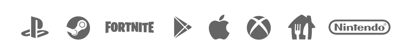 Row of grayscale platform logos including PlayStation, Steam, Fortnite, Google Play, Apple, Xbox, Deliveroo and Nintendo.