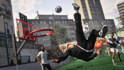 A player performs a bicycle kick toward a basketball-style hoop on an urban street football court while other players watch, highlighting fast-paced open-world gameplay.