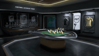 A modern Football Ultimate Team gallery displays collectible player cards, kits, and trophies around a central showcase table in a premium exhibition space.