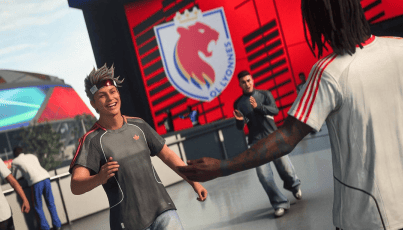 Two football fans or players greet each other outside a stadium with club branding visible behind them, representing the social Clubs experience.
