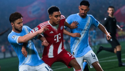 EA Sports FC gameplay scene showing a Bayern Munich player in a red jersey battling for possession against two Manchester City players in light blue kits during a Champions League match.