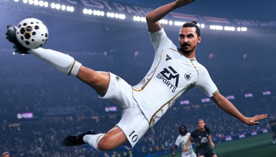 EA Sports FC gameplay highlight of Zlatan Ibrahimović performing an acrobatic bicycle kick in a white EA Sports kit during a stadium match.