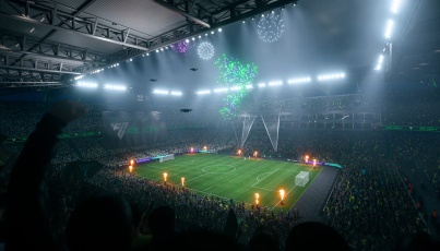 EA Sports FC stadium scene with fireworks, green lights, and flames erupting as a packed crowd cheers under bright floodlights.