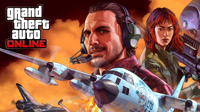 Promotional artwork for GTA Online featuring a man with a headset, a red-haired woman with a weapon, and a military aircraft flying through an explosion. The Grand Theft Auto Online logo appears in the top left.