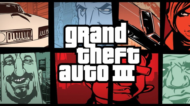 Stylized comic-book collage of characters and vehicles from Grand Theft Auto III, centered around the bold white logo, showcasing the game’s transition to 3D open-world gameplay and its noir aesthetic.