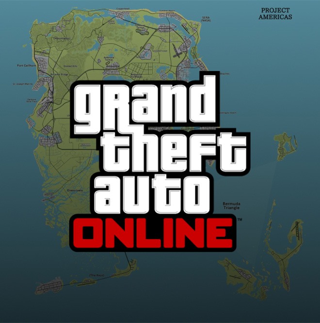 Grand Theft Auto Online logo overlaid on a fictional map labeled "Project Americas," possibly hinting at a future game setting including locations like the Bermuda Triangle.