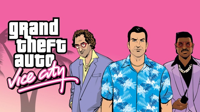 Stylized artwork of Grand Theft Auto: Vice City featuring three main characters in vibrant 1980s outfits, set against a pink background with palm tree silhouettes and the iconic Vice City logo.