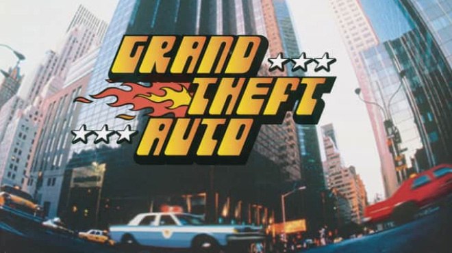 Original Grand Theft Auto logo overlaid on a distorted, fish-eye view of a city street with tall skyscrapers and a classic police car in the foreground, capturing the gritty urban setting of the 1997 game.