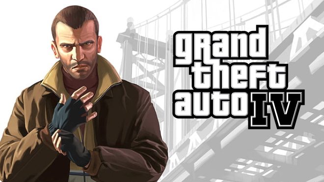 Niko Bellic from Grand Theft Auto IV standing with clenched gloves in front of a faded suspension bridge backdrop, reflecting the gritty realism.