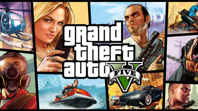 A promotional collage for the video game "Grand Theft Auto V" featuring the game's logo. Surrounding the logo are illustrated scenes and characters: a blonde woman holding a phone, a man with a shaved head holding a rifle, a masked figure in a red suit, a man on a jet ski, a black dog barking, a sports car, and another man holding a pistol. The background includes urban environments, helicopters and a Ferris wheel, reflecting the game's action-packed and diverse gameplay.