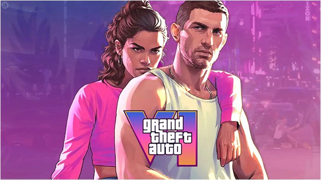 Stylized artwork of a woman and man standing confidently with a neon-lit city background. The Grand Theft Auto VI logo is centered in front of them.