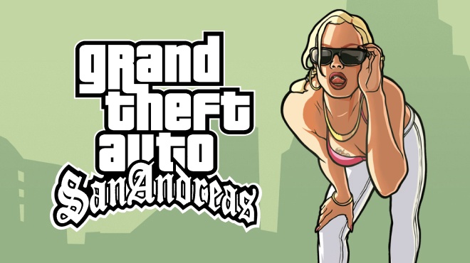 Illustration from Grand Theft Auto: San Andreas featuring a blonde woman in sunglasses, set against a green backdrop with the iconic GTA San Andreas logo in bold white and black typography.