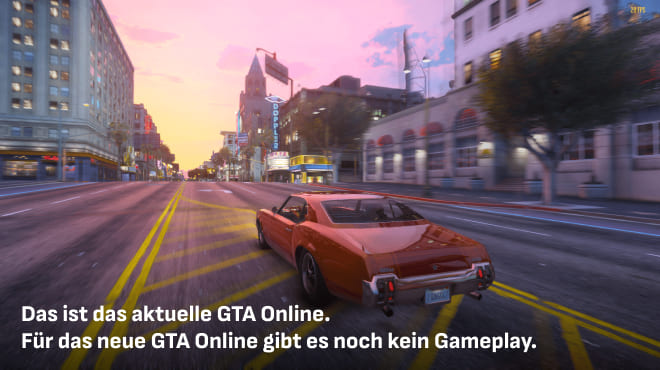 A classic car drives through a sunlit city street in GTA Online. Text overlay reads: "This is the current GTA Online. There's still no Gameplay for the new GTA Online."