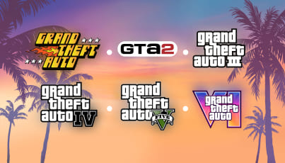 A timeline image showcasing the evolution of Grand Theft Auto game logos, from the original GTA to GTA VI. Each logo represents a main installment in the iconic series, highlighting the visual identity changes over the years. Set against a colorful sunset backdrop, the image reflects Rockstar Games&rsquo; legacy leading up to the launch of GTA VI.