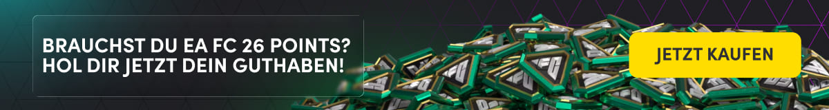 An in-page banner with green background, EA FC points, a yellow button saying "buy FC points now, and text saying "Need EA FC points? Get your credit now!" in German