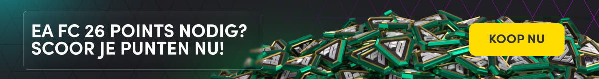 An in-page banner with green background, EA FC points, a yellow button saying "buy FC points now, and text saying "Need EA FC points? Get your credit now!" in Dutch