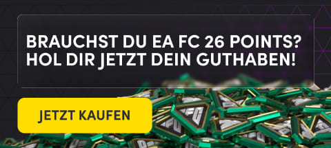 An in-page banner with green background, EA FC points, a yellow button saying "buy FC points now, and text saying "Need EA FC points? Get your credit now!" in German