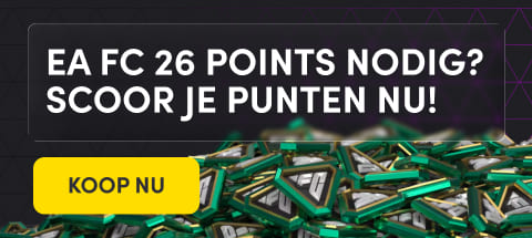 An in-page banner with green background, EA FC points, a yellow button saying "buy FC points now, and text saying "Need EA FC points? Get your credit now!" in Dutch