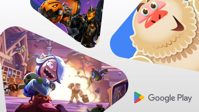 Google Play promotional graphic showing colorful cartoon game characters in action scenes, with the Google Play logo in the corner.