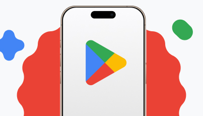 Smartphone displaying the Google Play logo on the screen with a red abstract background