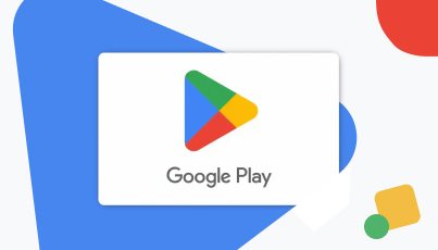 Google Play logo displayed on a white card against a colorful abstract background.