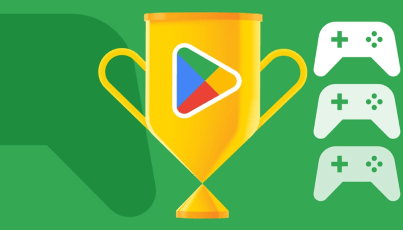 Gold trophy with the Google Play logo on a green background, alongside three game controller icons