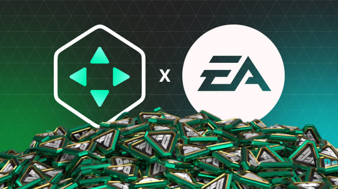 Logos of Startselect and EA displayed side by side above a pile of digital tokens or badges with a futuristic green and black design.