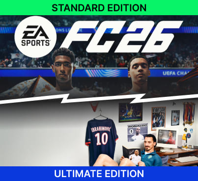 Promotional graphic for EA Sports FC 26 showing two editions. The top half, labeled 'Standard Edition,' features footballers holding trophies in front of a UEFA Champions League backdrop. The bottom half, labeled 'Ultimate Edition,' shows Zlatan Ibrahimović in a room decorated with football posters and jerseys, reading a magazine.