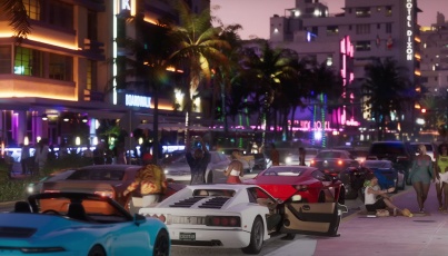 A vibrant, neon-lit city street at dusk, lined with palm trees, art deco buildings, and colorful storefronts. Luxury sports cars line the road as stylishly dressed people gather and socialize, creating a high-energy nightlife scene reminiscent of Miami’s Ocean Drive. The image captures the immersive atmosphere of Vice City with stunningly realistic visuals.