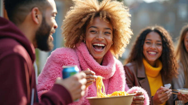 Group of friends outdoors enjoying food together, smiling and laughing while eating noodles and sharing a relaxed moment.
