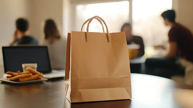Paper takeaway bag on a table with a laptop and fries in the foreground, while people sit and chat in the background.