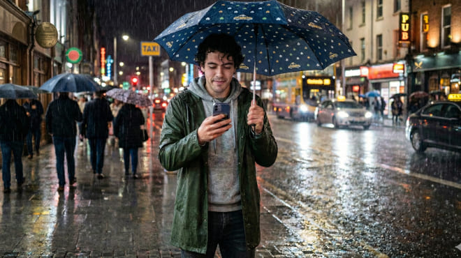 Man walking in the rain on a busy city street at night, holding an umbrella and looking at his phone while cars and pedestrians pass by.