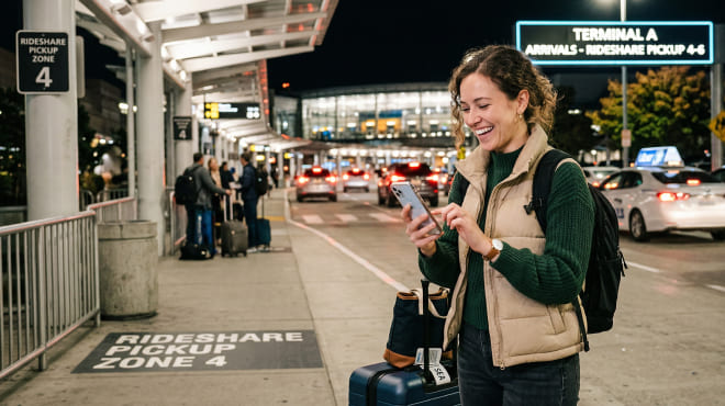 Woman at an airport pickup zone smiling while using her phone, standing next to her suitcase with cars and travelers in the background.