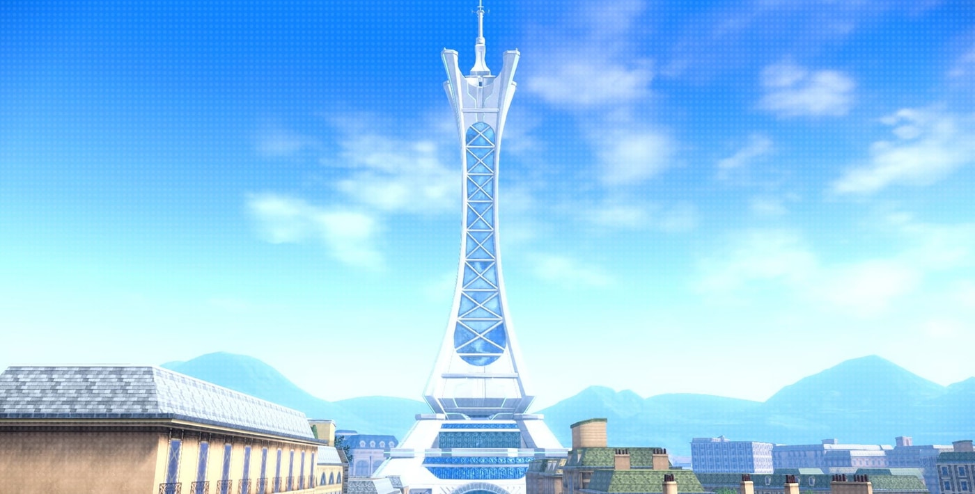 Image of the skyline of Lumiose city with a tall building in the center.