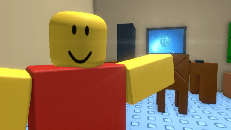 A yellow Roblox character pointing happily at his computer in the background.