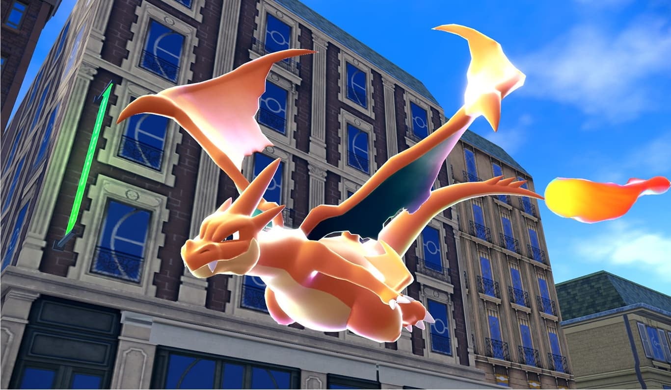 Image of a mega evolution Charizard flying through the sky.