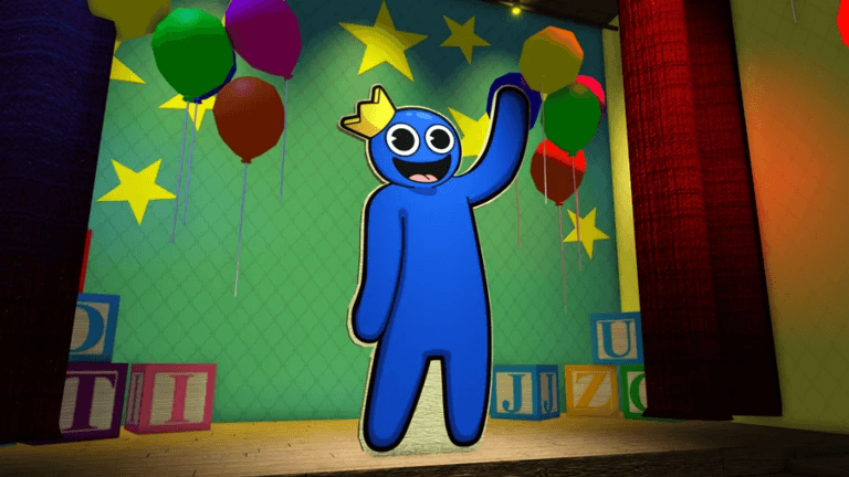 A friendly looking blue animated person waving on a podium.